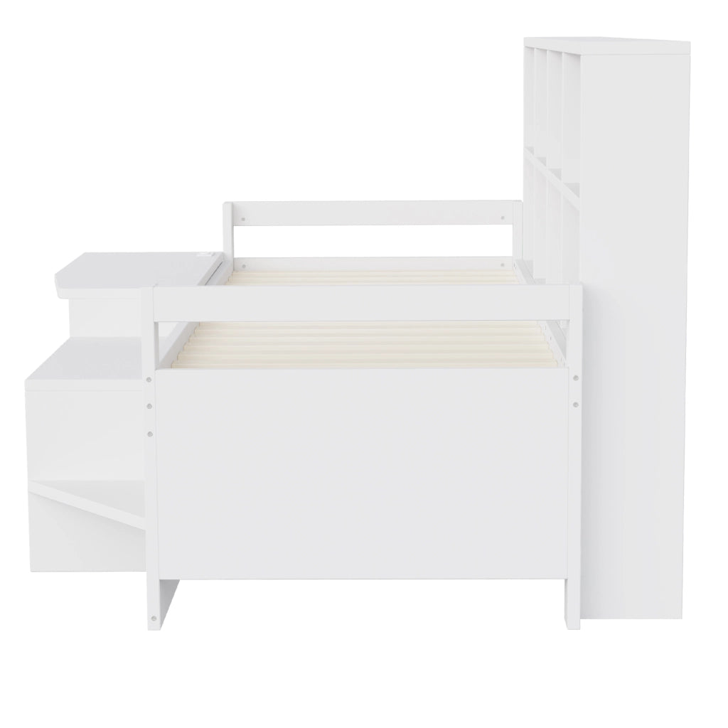 DESMIU Lit mezzanine 90 × 200 cm 1 posto con scrivania, vani contenitore, LED, USB e presa, senza materasso, bianco