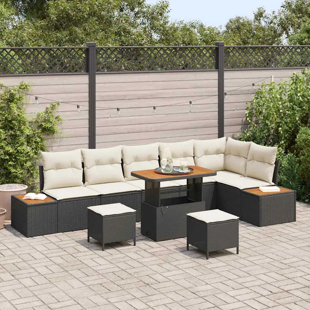 Set Divano da Giardino con cuscino 9 pcs Nero Poly Rattan