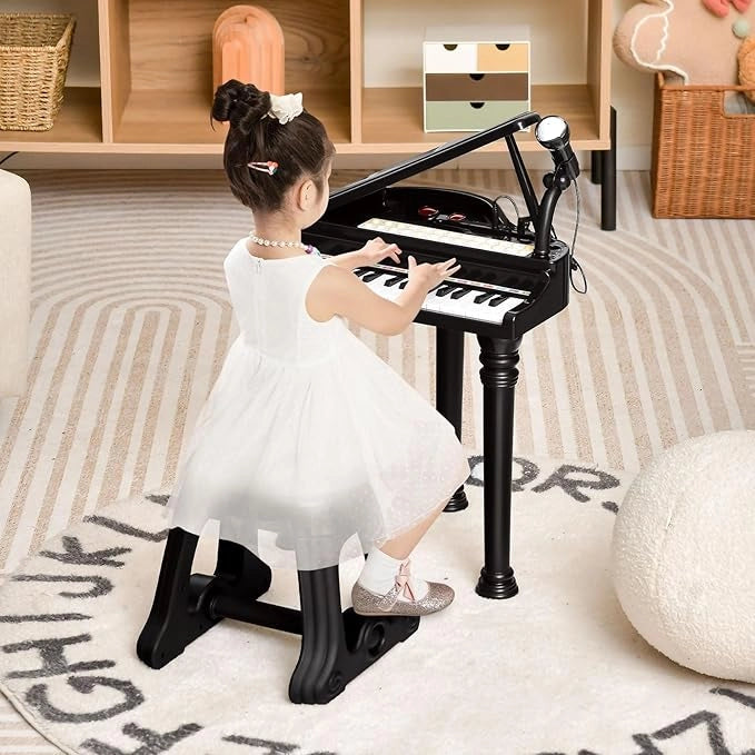 Tastiera Pianoforte a 31 Tasti con Microfono e Sgabello, Pianoforte Giocattolo Portatile con Modalità di Insegnamento a LED, Pianoforte a Coda per Bambini 3+ Anni (Nero), 35 x 30 x 55 cm