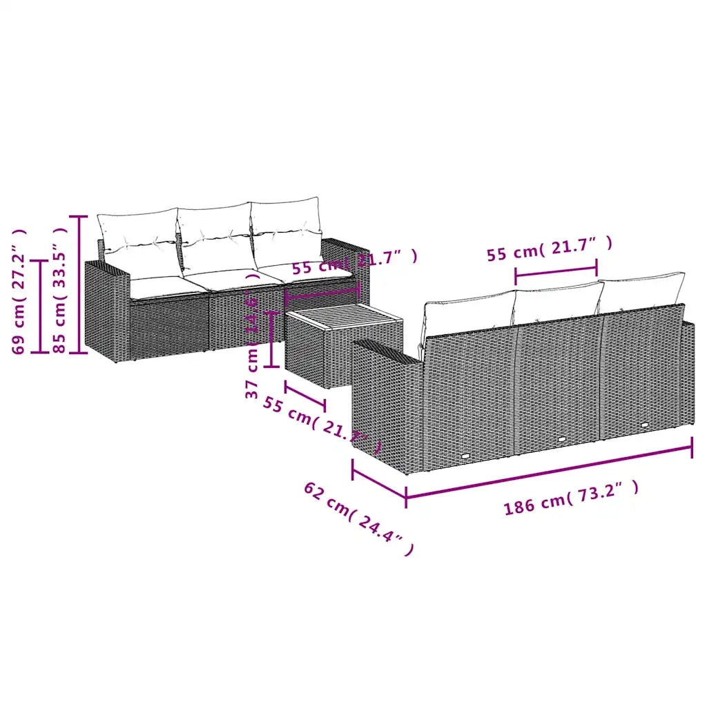 Set Divani da Giardino 7 pz con Cuscini Beige in Polyrattan