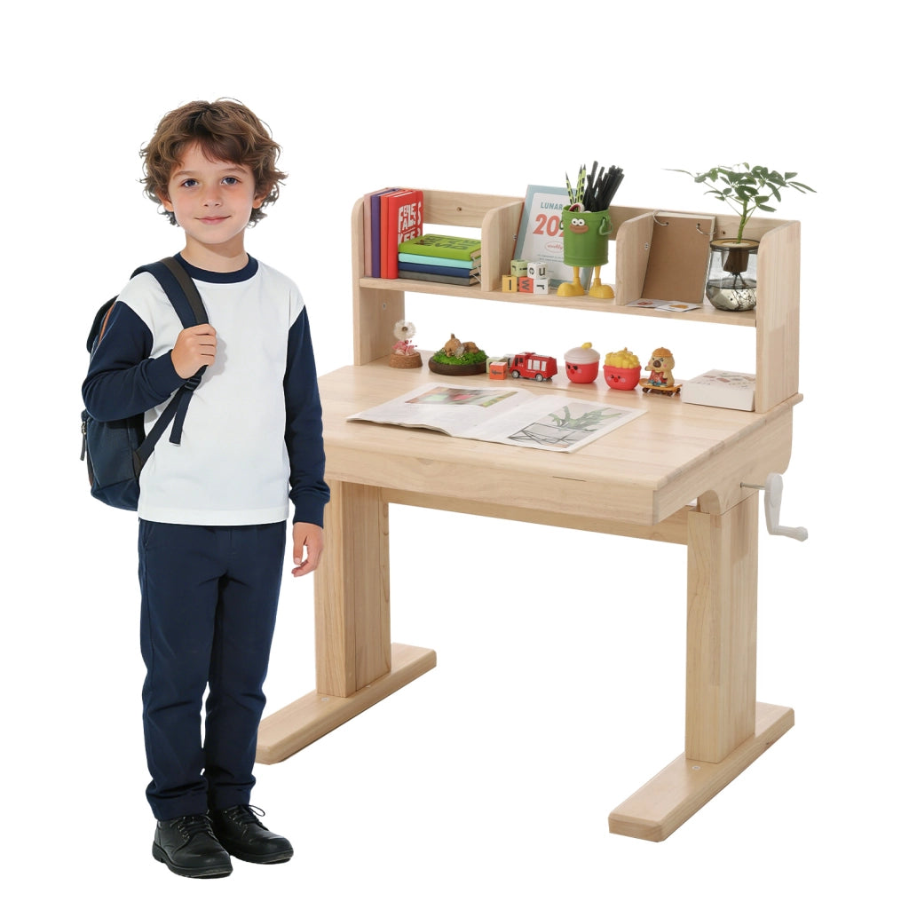 Tavolino per bambini, scrivania in legno massello regolabile in altezza, piano pieghevole da 0¡ã a 43¡ã, vano portaoggetti, certificato di sicurezza, pe