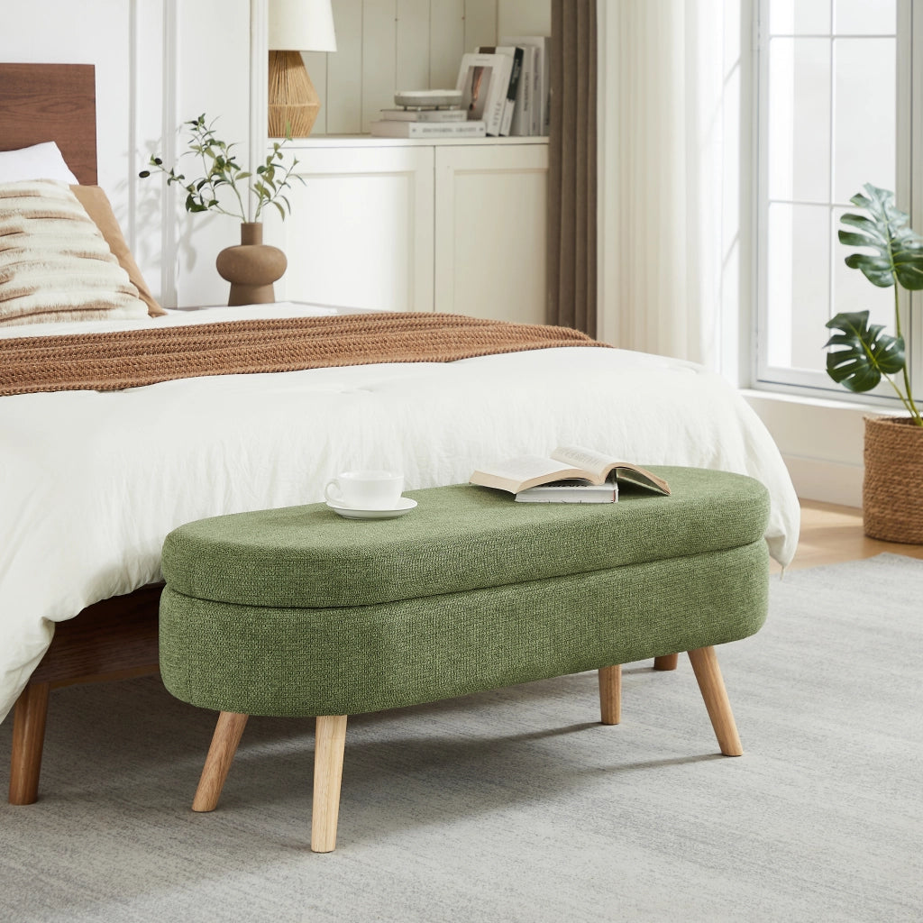 Panca contenitore 110 cm in chenille verde, struttura MDF robusta, con vano portaoggetti e fori di ventilazione