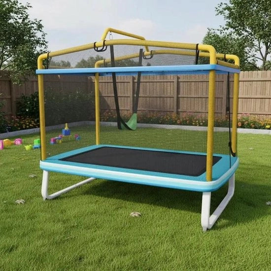 Trampolino rettangolare per bambini 3 in 1 190CM con rete di sicurezza e maniglia orizzontale - giallo