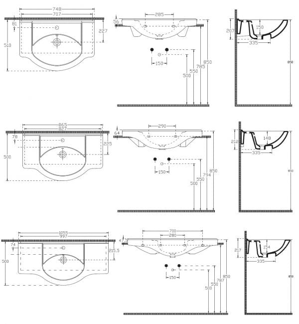 Lavabo a parete Consolle Universale 75 cm 85 cm 105 cm - Misura 105 cm