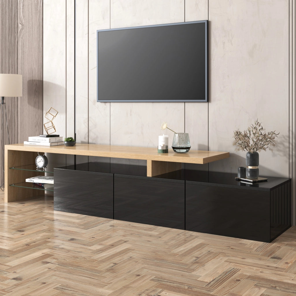 Mobile TV con 3 ante, ripiani in vetro e LED per soggiorno, in MDF e vetro, nero e legno, 197.5 × 39 × 42 cm