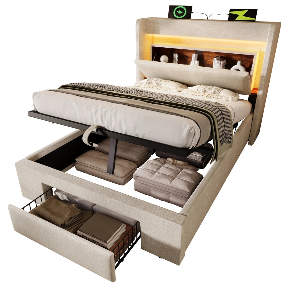 letto imbottito lino beige 90 x 200 cm