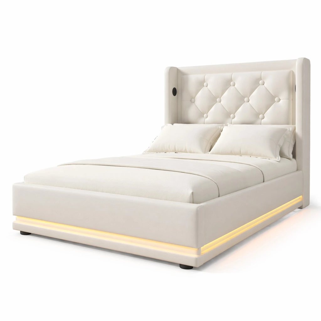 Letto imbottito 90x200 cm con materasso, contenitore e testiera con USB e LED