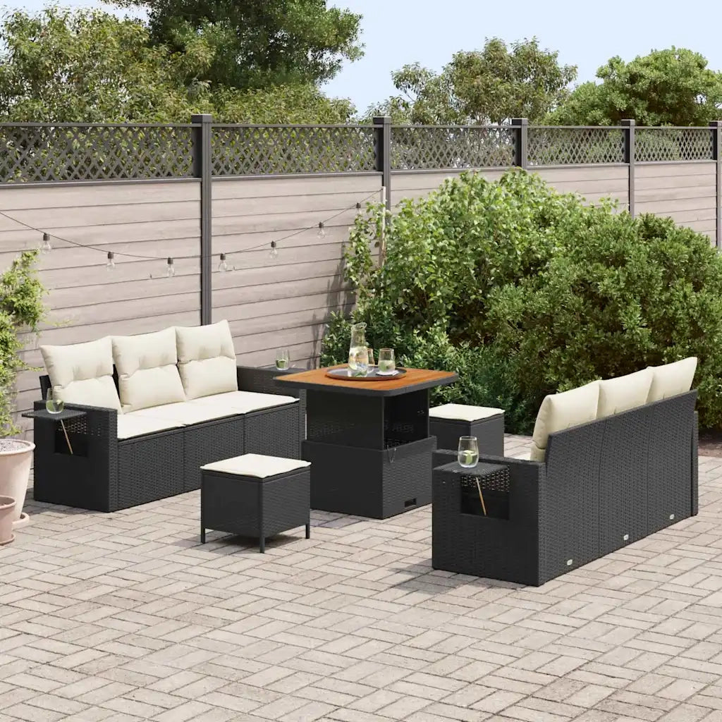 Set Divano da Giardino con cuscino 9 pcs Nero e crema