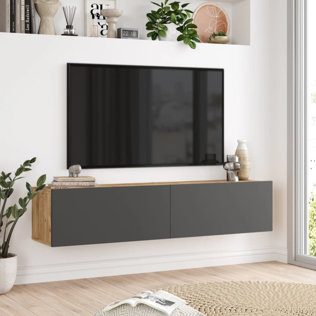 Mobile Porta TV Lapinlahti con 2 Ante a Ribalta Consolle da Parete 140 cm - Rovere Rustico / Antracite [en.casa]