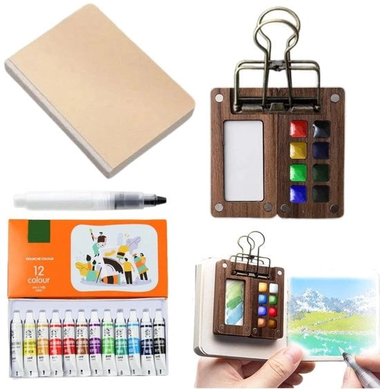 Set di Ricerca Creativa Compacto - Passepartout Aquarello - Paletto Portatile in Legno - Libretto di Schizzi - Set di 8 Rasterizzazioni - Alta Qualità - Materiale di Elevata Qualità - Set di Sfondi per Acquerelli