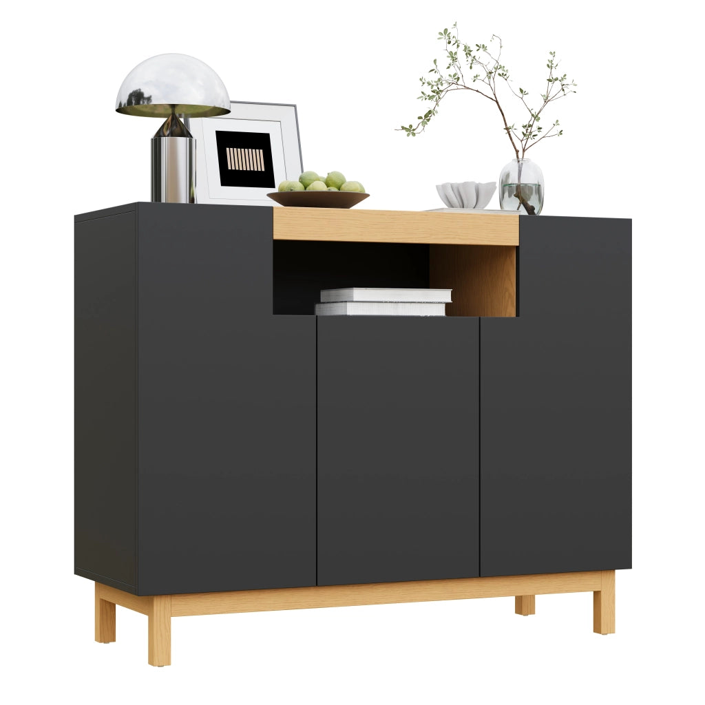 Credenza a 3 ante con nicchia aperta e vani chiusi per soggiorno e sala da pranzo; nera; 120.5 × 42 × 96 cm
