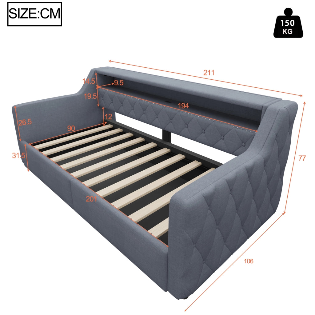 Letto divano 90 × 200 cm con LED, contenitore idraulico, USB e Type-C, senza materasso, grigio