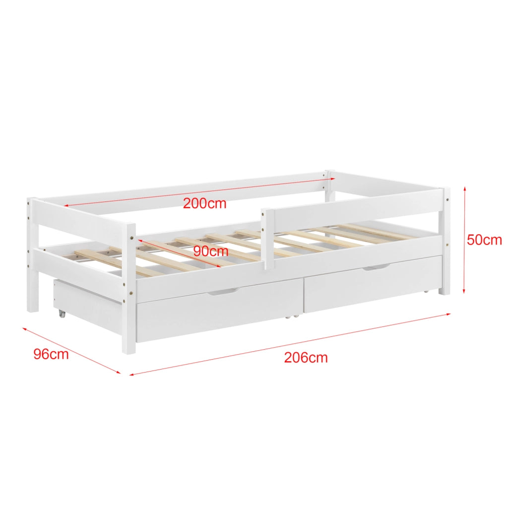 Letto per Bambino/Gioventú con 2 Cassetti Portabiancherie e Materasso Ipoallergenico a Schiuma Fredda 90x200 cm Lettino in Legno di Pino con Corrimano Laterale - Bianco