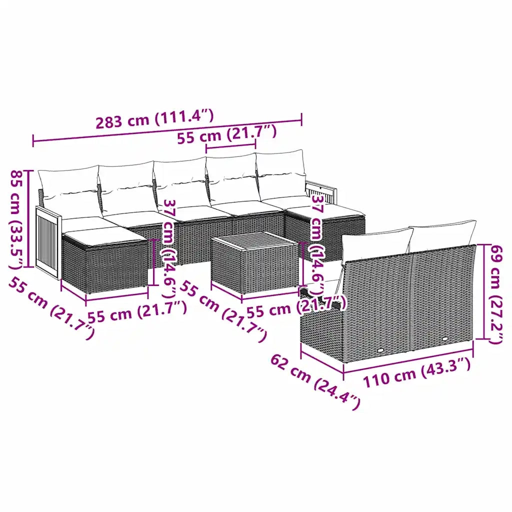 Set Divani da Giardino 10pz con Cuscini in Polyrattan Nero 3260460