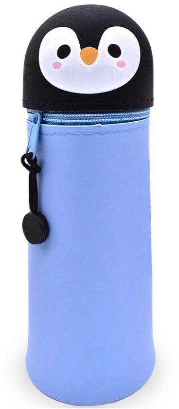 Etui a doppia funzione in silicone - Pinguino, etui morbido in silicone per penne, contenitore e portapenne, etui animale, contenitore (pinguino blu)