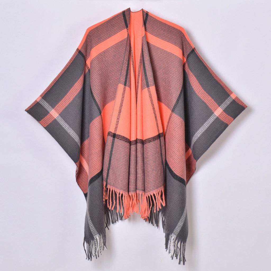 Nuovo scialle a quadri, cardigan/mantella da donna classico in jacquard con spacco e nappine, lavorato a maglia.