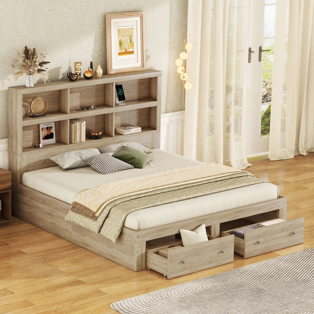 Letto matrimoniale 160x200 cm in truciolare naturale con testiera contenitore; USB e 2 cassetti