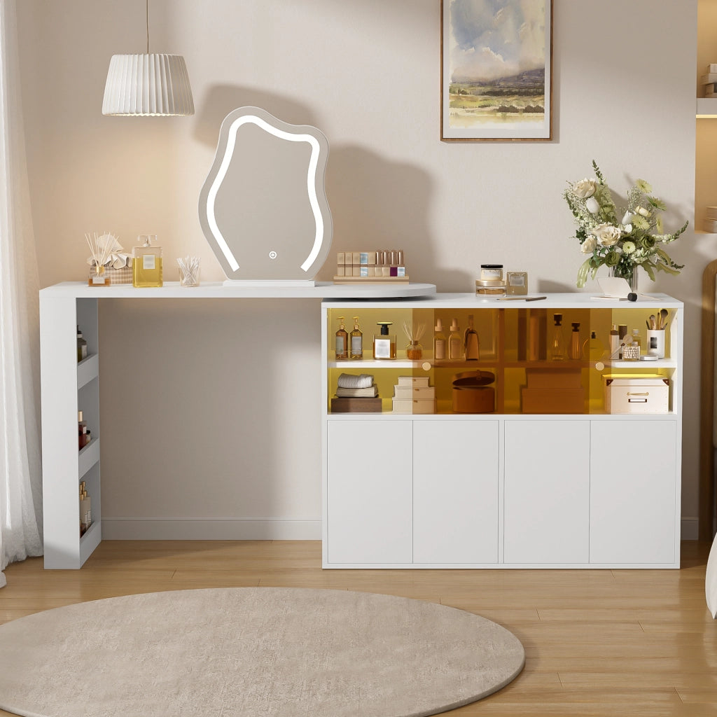 Toeletta con piano girevole; LED e vani - per camera da letto - bianco