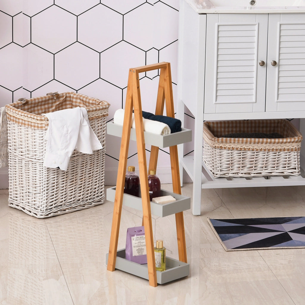 Scaffale Bagno Bamb¨´ 3 Ripiani Forma A ¨C Xylo ¨C Legno Naturale Grigio 30x18x81 cm