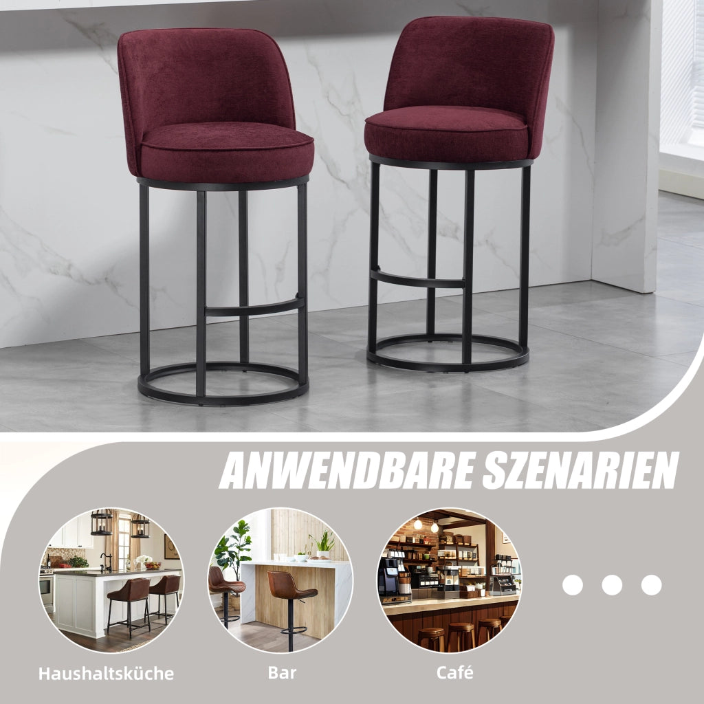Sgabello da Bar con Schienale Ergonomico e Poggiapiedi, Struttura in Metallo, in Lino Rosso Vino