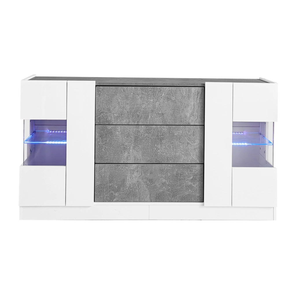 OKWISH Credenza con 2 Ante e 3 Cassetti, LED, per Soggiorno o Sala da Pranzo, MDF e Vetro, Bianco Marmo, 140×35×75 cm