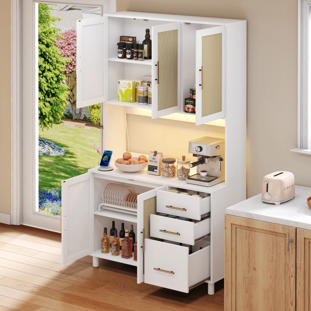 Credenza da Cucina con 3 Cassetti; 3 Ante; 2 Ripiani Regolabili; LED; Prese e USB per Cucina in MDF Bianco