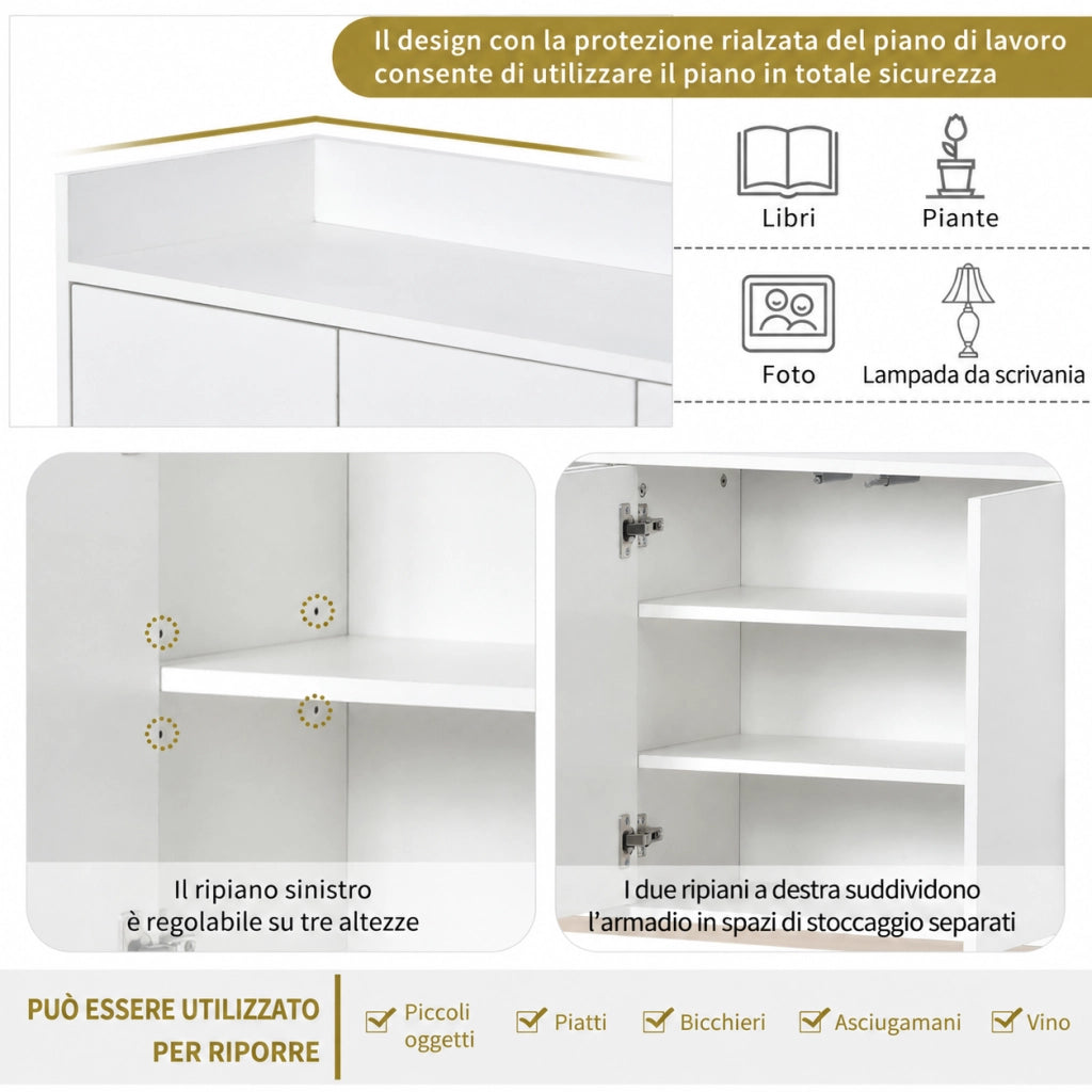 Credenza buffet 120cm bianca, mobile soggiorno pannello di particelle con base metallo oro, 4 ante push‑to‑open, ripiani regolabili per sala da pranzo ingresso