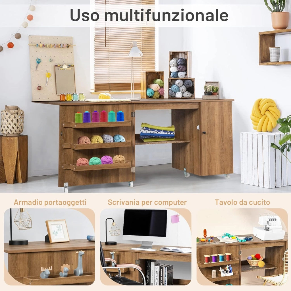 Tavolo Pieghevole da Cucito, Tavolo Versatile a Ribalta con Superficie Ampia, Scrivania per Computer con Ruote Bloccabili, Ideale per Salone Camera da Letto Studio (Naturale)