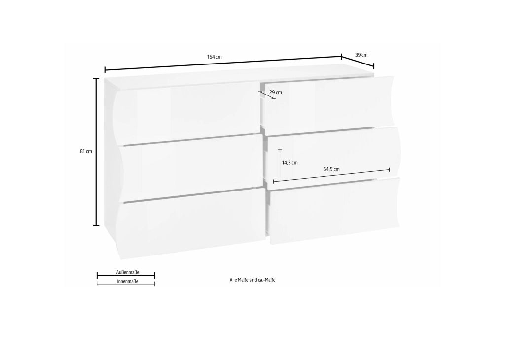 Cassettiera 6 Cassetti Onda 155,1x40x81,8 cm Finitura in Melamina Antracite Opaco