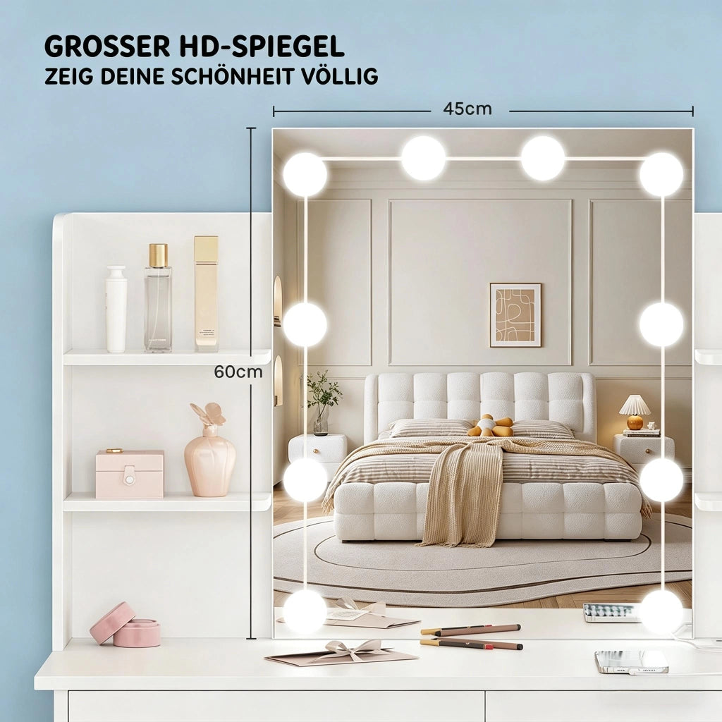 Toeletta con specchio; 2 cassetti; 4 ripiani; luci e prese usb per camera da letto; bianco; 90×135×40 cm
