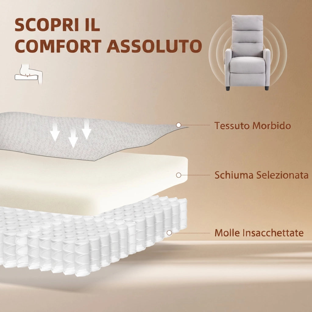 Poltrona Massaggiante e Reclinabile a 160° con Poggiapiedi e Telecomando, 66x91x108 cm, in Ciniglia Grigio Chiaro