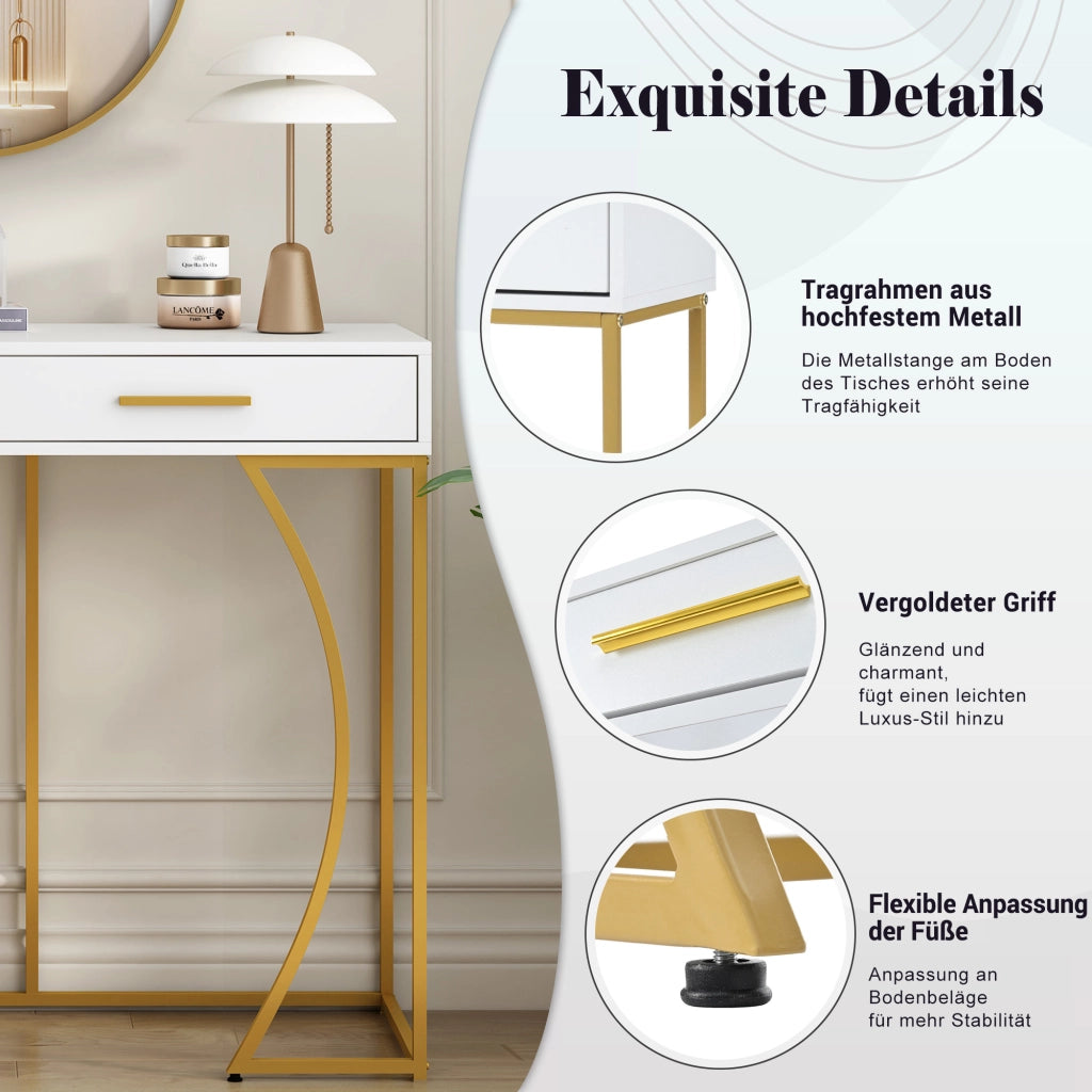 Consolle, tavolino da ingresso con 2 cassetti, tavolino laterale leggero ed elegante, tavolino da divano, 110x32x85 cm, bianco/oro