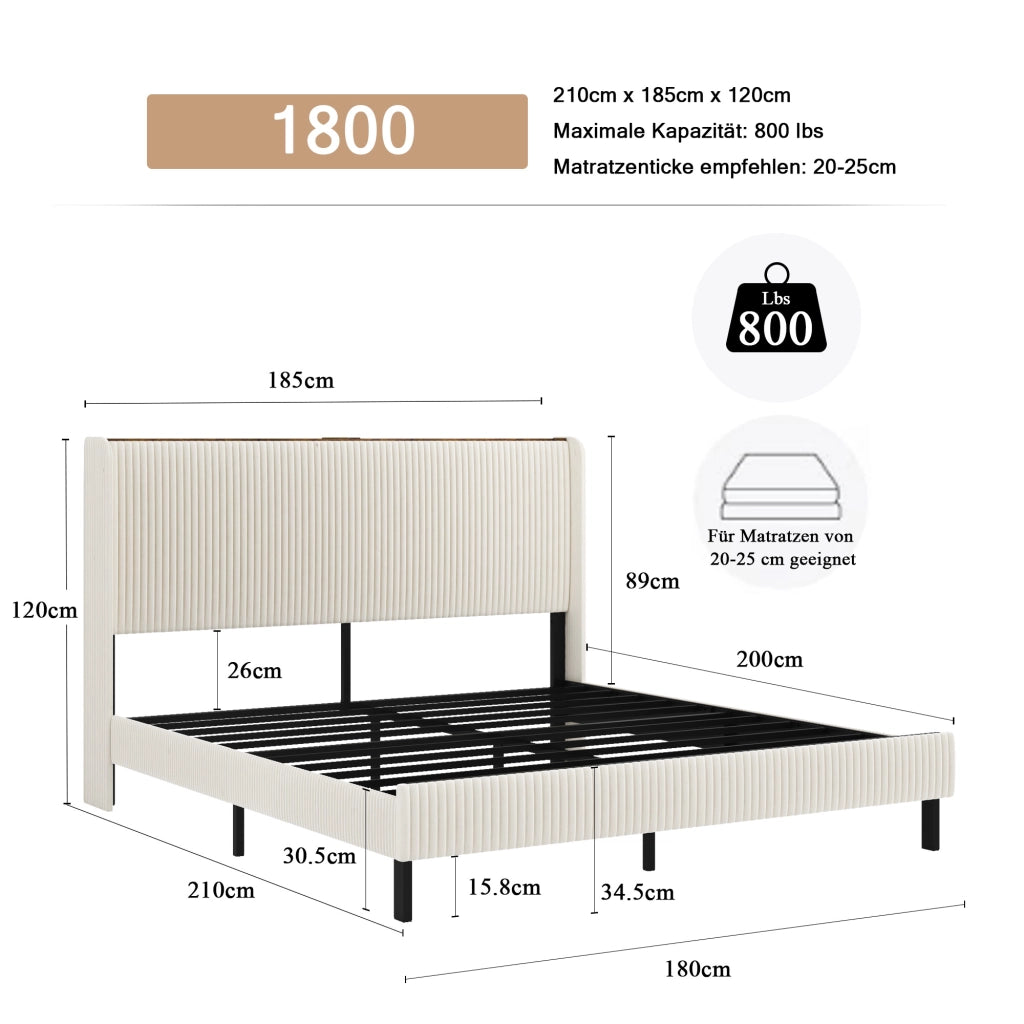 Letto imbottito matrimoniale 180×200 cm con testiera in corduroy; struttura metallica e materasso escluso; beige crema