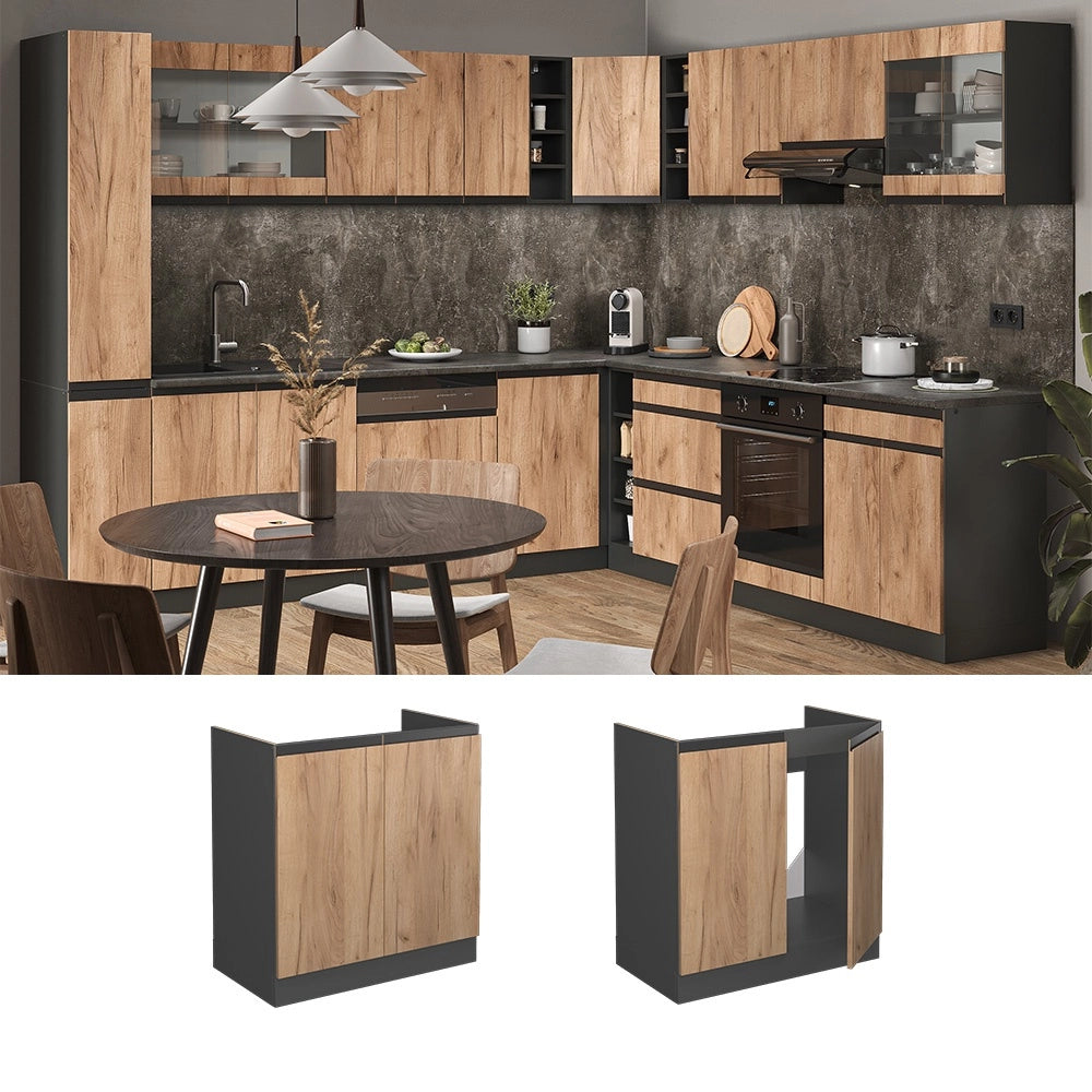 Mobile lavello cucina R-Line Rovere dorato/Antracite 80 cm J-Shape, PL Antracite Vicco