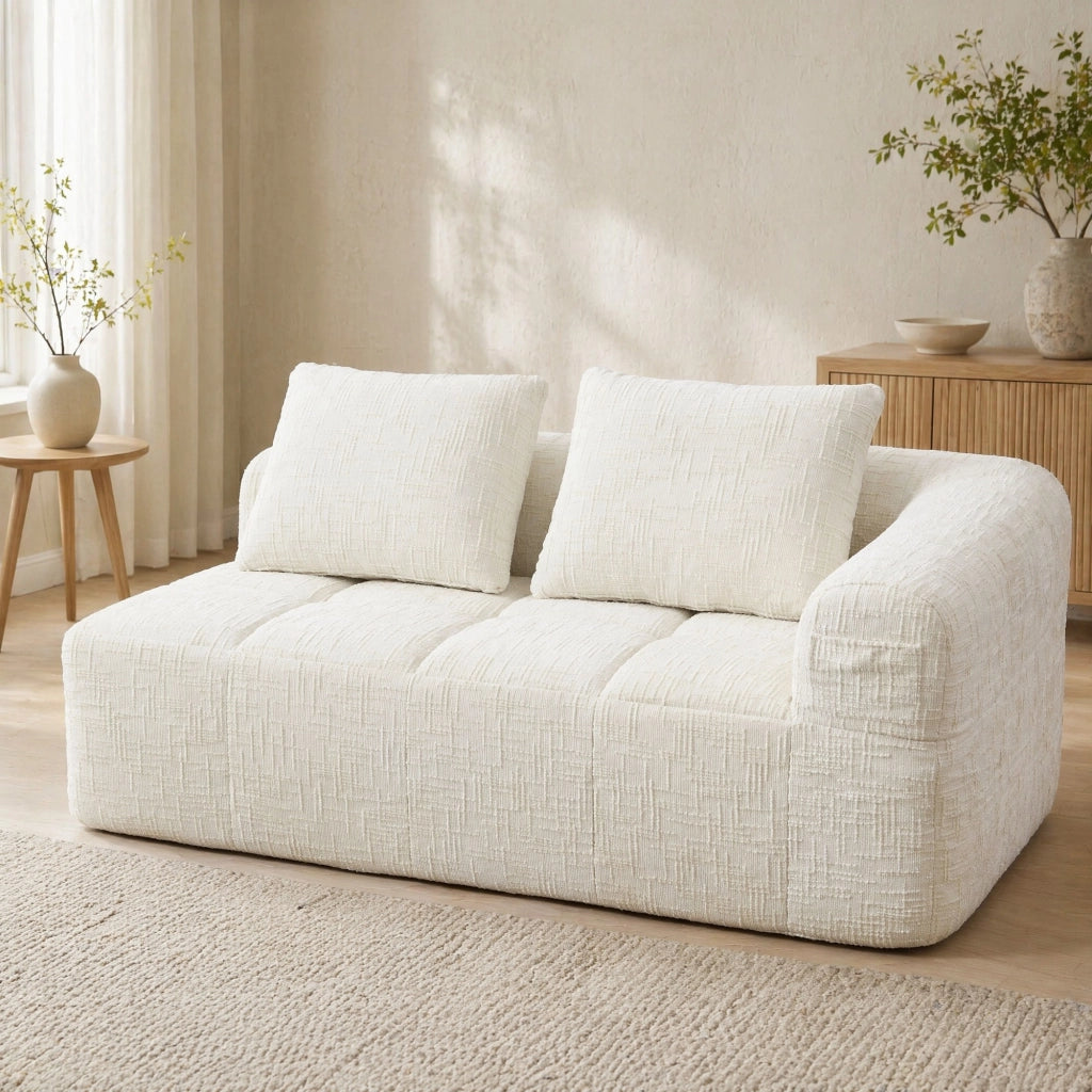 Divano con chaise longue in chenille beige 158x90x60 cm; con tasche laterali e cuscino