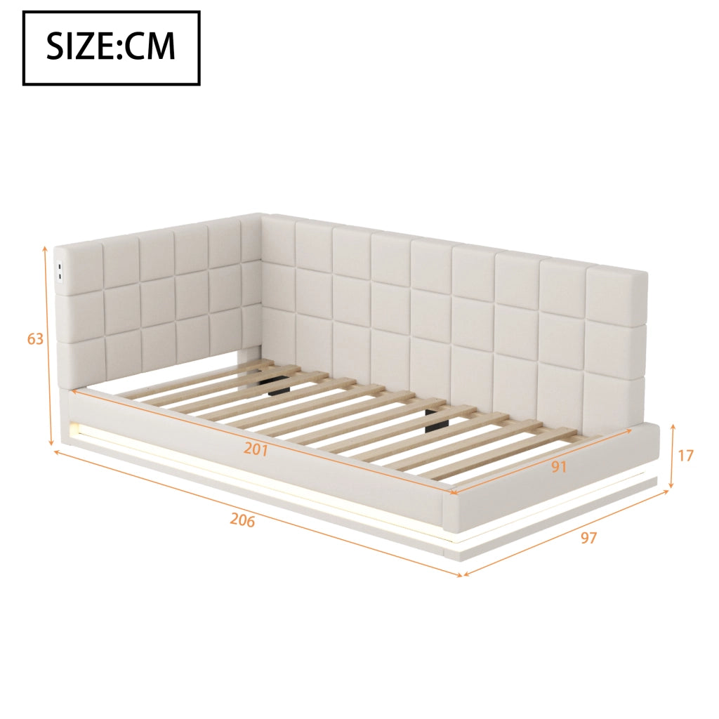 LETTO imbottito trasformabile 90x200 cm Beige con LED e USB