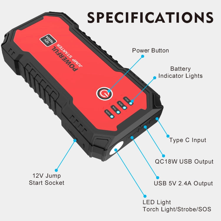 Avviatore di emergenza 12V 1500A 16800mAh con lampada LED SOS impermeabile e antipolvere per tutti i veicoli