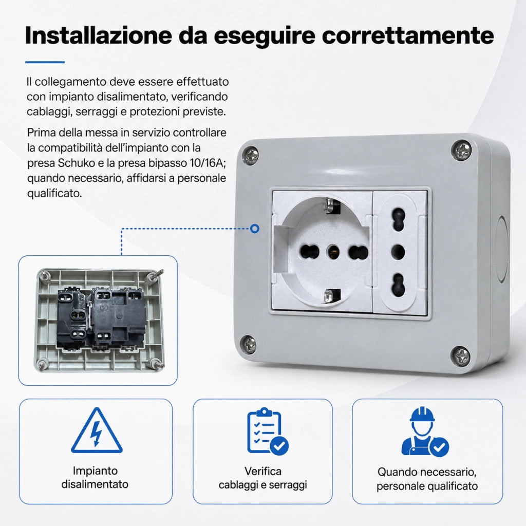 Cassetta Elettrica IP40 con Presa Schuko e Bipasso 10/16A