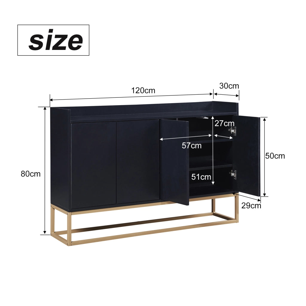 Credenza buffet 120cm nera, mobile soggiorno in pannello di particelle con base metallo oro, 4 ante push‑to‑open, ripiani regolabili, mobile da ingresso sala da pranzo