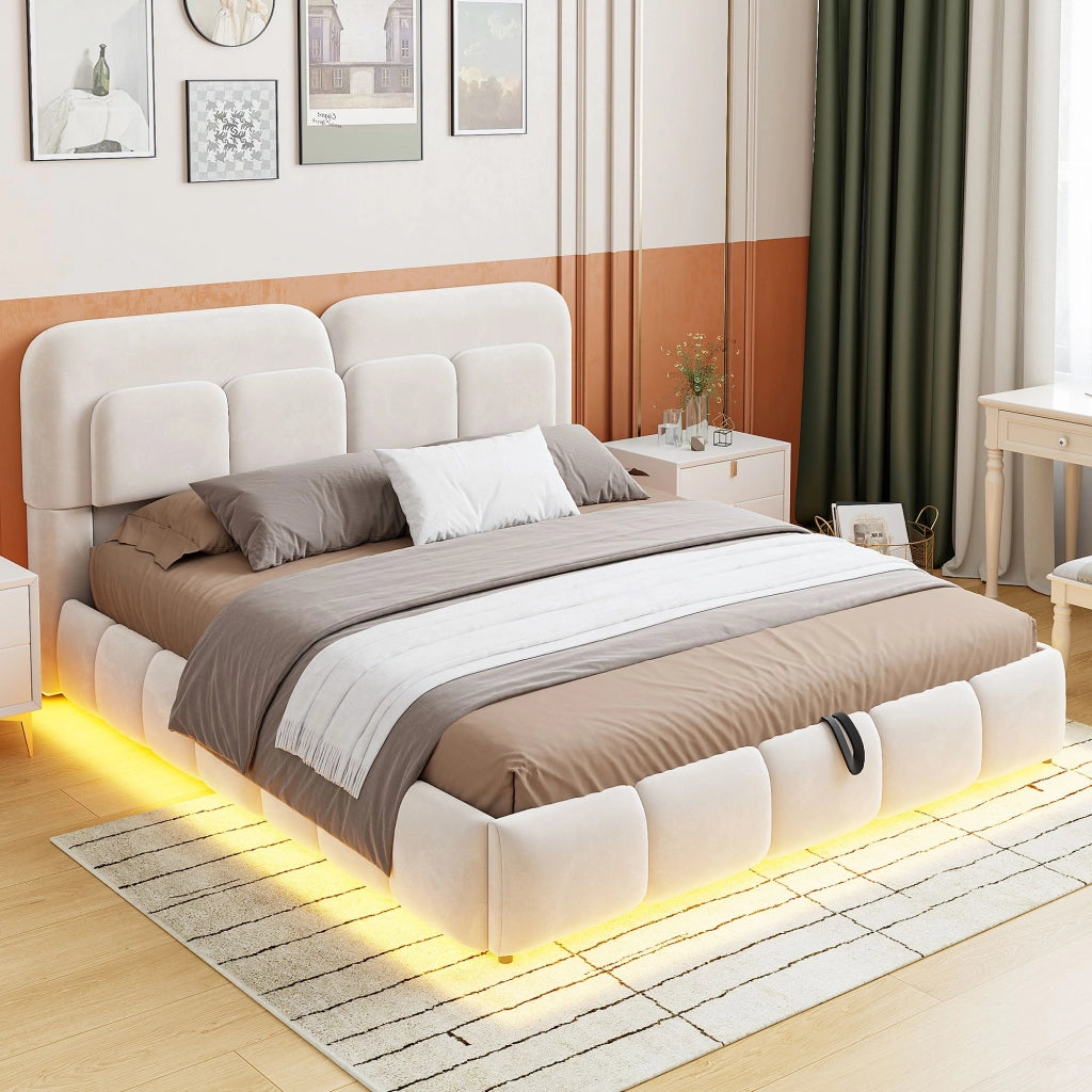 Letto matrimoniale 140 x 200 cm, testiera imbottita, con luci a LED, vano portaoggetti, rivestimento in velluto, beige
