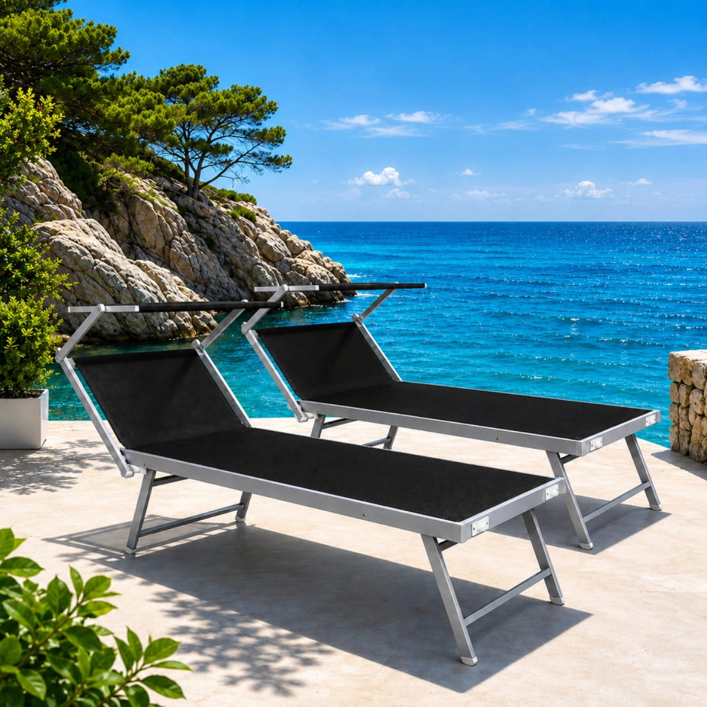 Set Di 2 Lettini Prendisole Pieghevoli Professionali In Alluminio Tettino Parasole Tettuccio Orientabile Per Mare Spiaggia Piscina Giardino Lettino Prendi Sole 182 X 60 X 38 Cm Nero