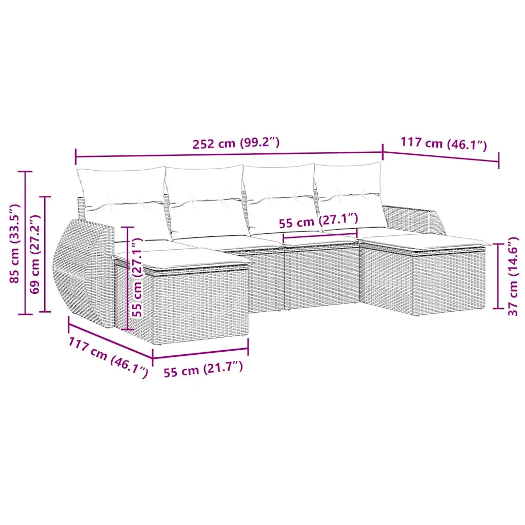 Set Divano da Giardino 6 pz con Cuscini Nero in Polyrattan