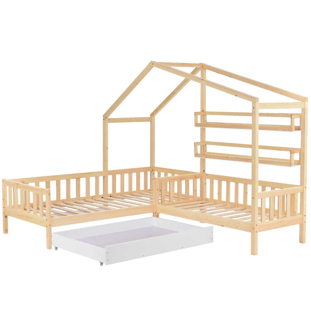 OKWISH Letto a Casetta 90×200 cm e 140×70 cm, Letto 2 Posti con 1 Cassetto, Mensole e Spondine, senza Materasso, in Legno, Naturale