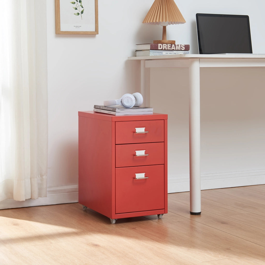 Cassettiera Kökar in Acciaio Mobile Archivio con 3 Cassetti e Rotelle - Rosso [en.casa]