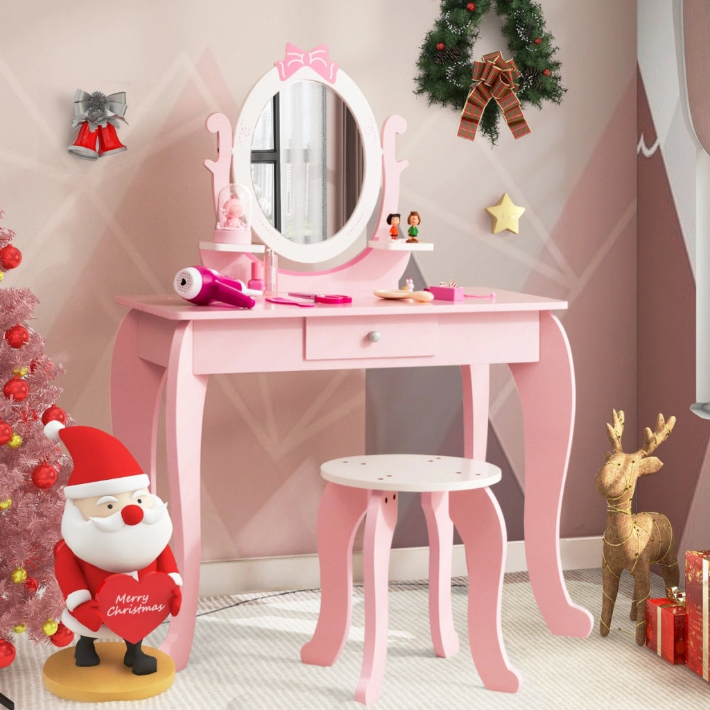 Set toeletta con specchio per bambini 3-7 anni, Tavolo con cassetti e sgabello imbottito 70x34x101cm Rosa