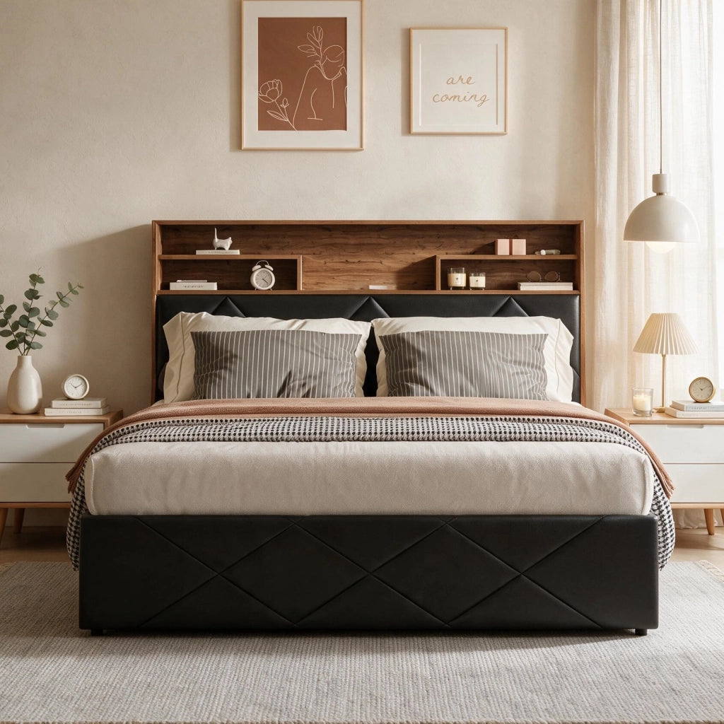 Letto matrimoniale 160x200 cm con contenitore LED USB Type-C testiera rete a doghe struttura letto metallo legno PU - nero
