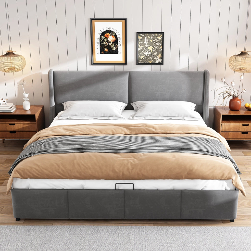 LETTO Contenitore Idraulico 160x200 cm Grigio in Velluto