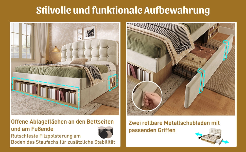 DESMIU Letto matrimoniale 140 × 200 cm 2 posti con testiera regolabile, cassetti e contenitore, senza materasso, beige
