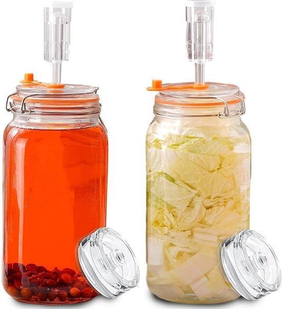 Set di fermentazione con 2 contenitori da 2 litri - contenitore di fermentazione con valvola - fermentazione di kimchi/sauerkraut - vetro alimentare sicuro - inclusi pesi per vetro - contenitore di fermentazione