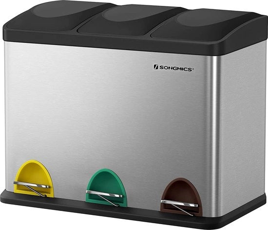Contenitore di rifiuti per la cucina, 45 litri, contenitore di rifiuti con contenitore interno, sistema di separazione rifiuti, imballaggio di rottura in acciaio inossidabile, 3 x 15 litri, argento-nero